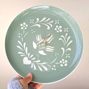 Vtg MCM Harkerware Provencial Tulip Tidbit Serving Tray Dish Metal Handle Green